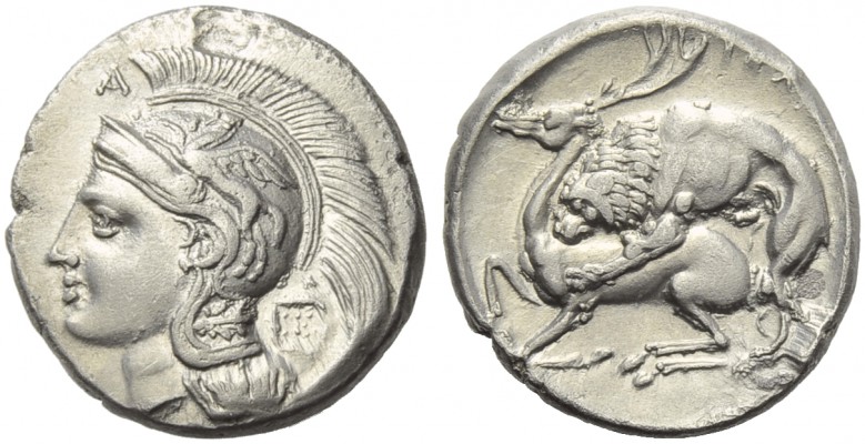 Lucania, Velia, Didrachm, c. 280 BC; AR (g 7,39; mm 22; h 8); Head of Athena l.,...