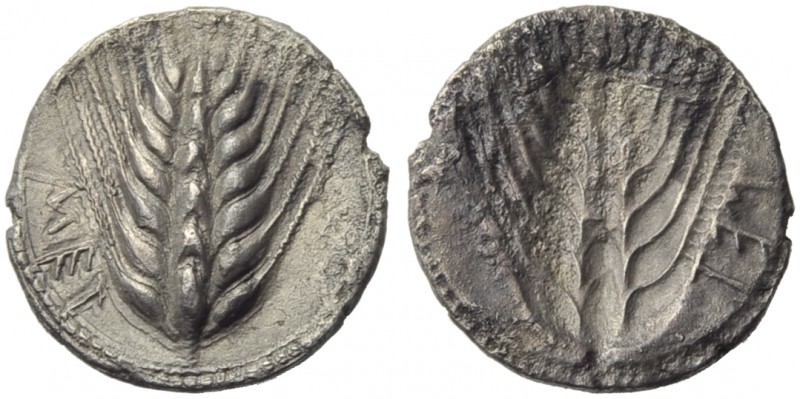 Lucania, Metapontion, Drachm, c. 540-510 BC; AR (g 2,57; mm 19; h 12); MET, barl...