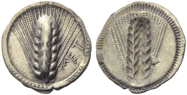 Lucania, Metapontion, Drachm, c. 540-510 BC; AR (g 2,66; mm 19; h 12); MET, barl...