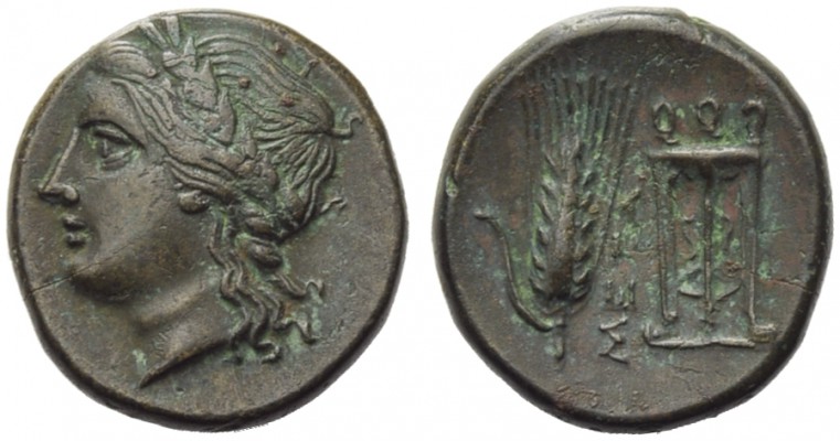 Lucania, Metapontion, Bronze, c. 300-250 BC; AE (g 3,33; mm 16; h 12); Laureate ...