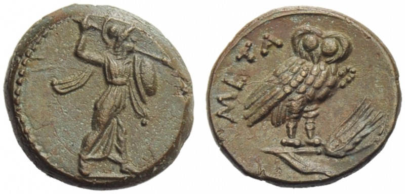 Lucania, Metapontion, Bronze, c. 225-200 BC; AE (g 3,15; mm 15; h 6); Athena Alk...