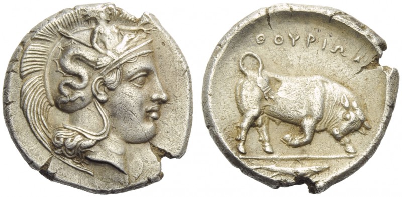 Lucania, Thurium, Stater c. 380-340 BC; AR (g 7,84; mm 22; h 6); Head of Athena ...