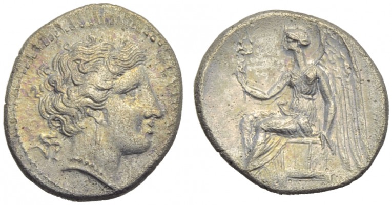 Bruttium, Terina, Drachm, c. 300 BC; AR (g 2,32; mm 16; h 9); TEPINAIΩN, female ...