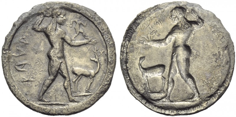 Bruttium, Caulonia, Stater, c. 525-500 BC; AR (g 6,15; mm 30; h 12); KAVΛ, Apoll...