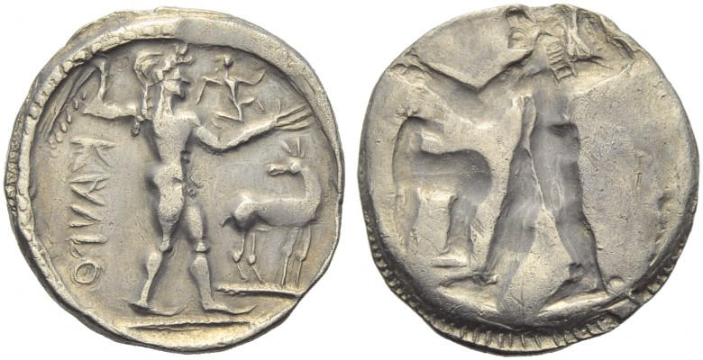 Bruttium, Caulonia, Stater, c. 500-480 BC; AR (g 7,86; mm 25; h 12); KAVΛO, Apol...