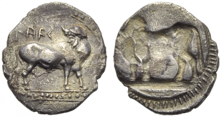 Bruttium, Laos, Drachm, c. 510-500 BC; AR (g 2,35; mm 17; h 12); ΛAFΣ, man heade...