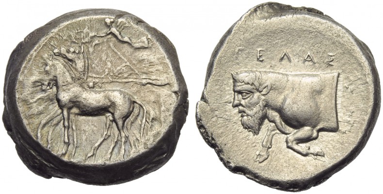 Sicily, Gela, Tetradrachm, c. 420-415 BC; AR (g 17,27; mm 25; h 5); Slow quadrig...