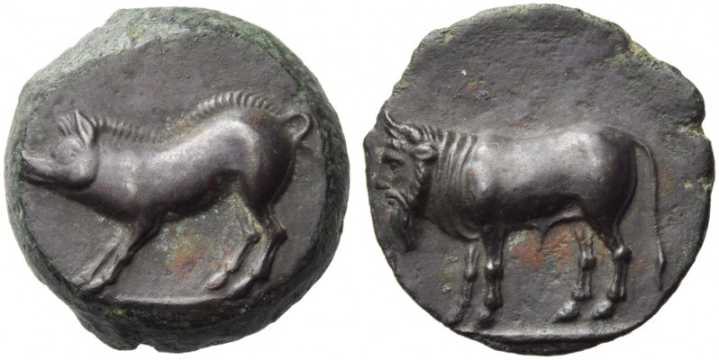 Sicily, Himera, Bronze, c. 425-407 BC; AE (g 3,46; mm 15; h 3); Man-headed bull ...