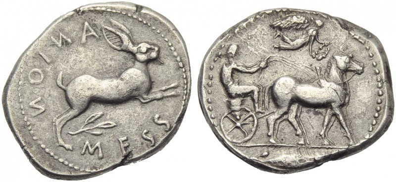 Sicily, Messana, Tetradrachm, c. 450-439 BC; AR (g 16,76; mm 28; h 1); Chariotee...