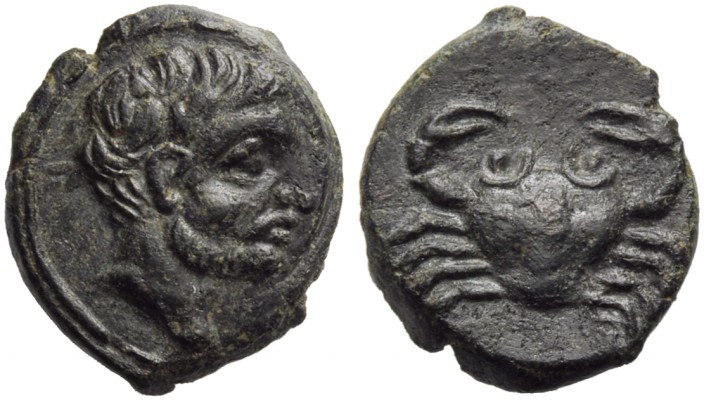 Sicily, Motya, Bronze, c. 409-397 BC; AE (g 1,74; mm 13; h 6); Male head, with b...