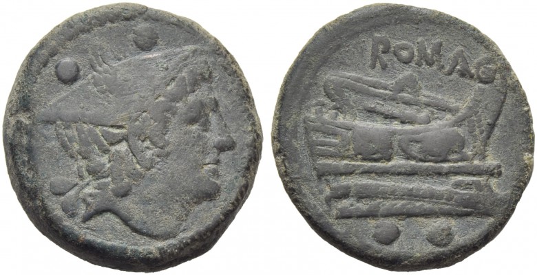 Anonymous, Sextans, Rome, c. 217-215 BC; AE (g 27,50; mm 30; h 8); Head of Mercu...
