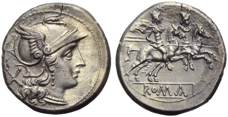 Anonymous, Denarius, Rome, post 215-214 BC; AR (g 4,46; mm 20; h 11); Helmeted h...