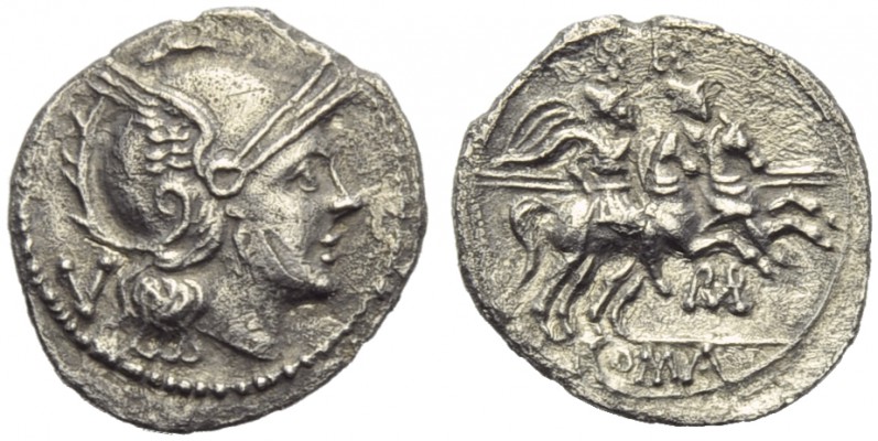 ROMA in monogram series, Quinarius, South-East Italy, c. 211-210 BC; AR (g 1,67;...