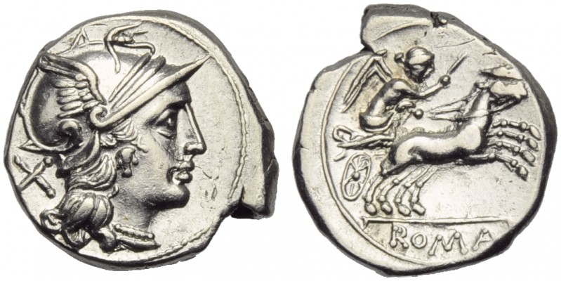Anonymous, Denarius, Rome, 157-156 BC; AR (g 3,98; mm 19; h 9); Helmeted head of...