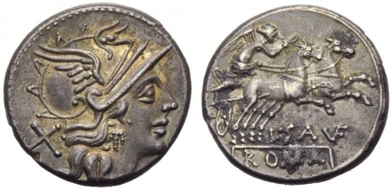 L. Saufeius, Denarius, Rome, 152 BC; AR (g 3,77; mm 18; h 2); Helmeted head of R...