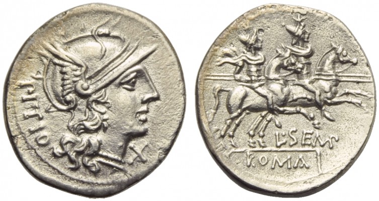 L. Sempronius Pitio, Denarius, Rome, 148 BC; AR (g 3,32; mm 19; h 5); Helmeted h...