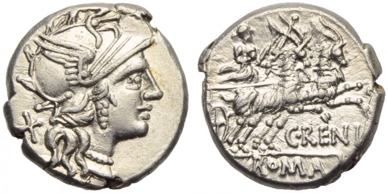 C. Renius, Denarius, Rome, 138 BC; AR (g 3,88; mm 17; h 1); Helmeted head of Rom...