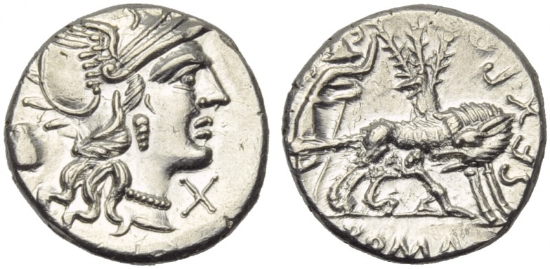Sex. Pompeius Fostlus, Denarius, Rome, 137 BC; AR (g 3,98; mm 19; h 6); Helmeted...