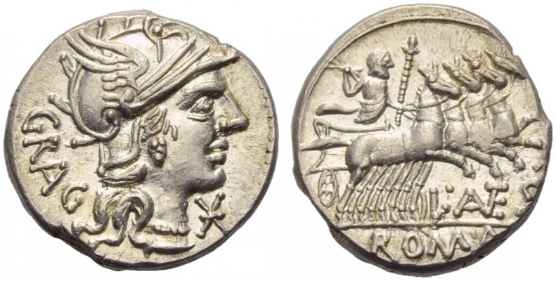 L. Antestius Gragulus, Denarius, Rome, 136 BC; AR (g 3,93; mm 19; h 9); Helmeted...