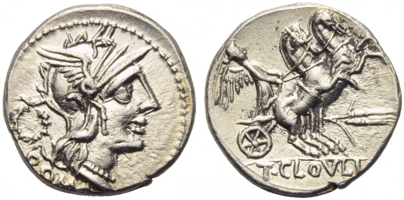 T. Cloelius, Denarius, Rome, 128 BC; AR (g 3,90; mm 19; h 2); Helmeted head of R...
