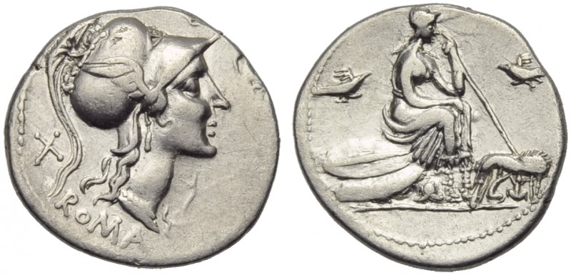 Anonymous, Denarius, Rome, 115-114 BC; AR (g 3,85; mm 20; h 11); Helmeted head o...