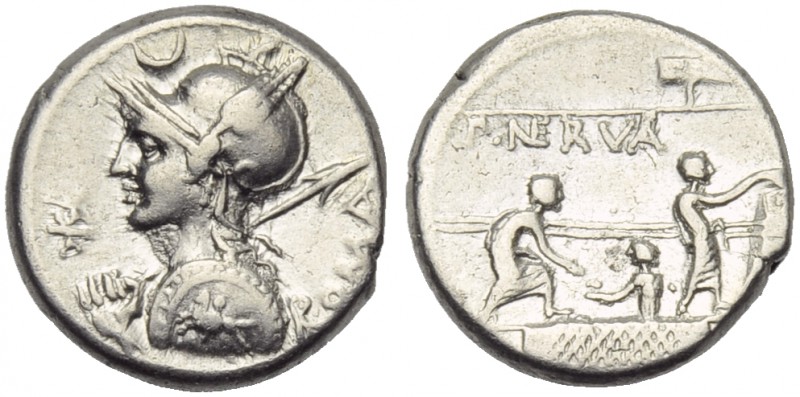 P. Licinius Nerva, Denarius, Rome, 113 or 112 BC; AR (g 3,87; mm 17; h 5); Helme...
