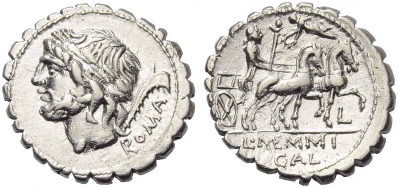 L. Memmius Gal(eria tribu), Denarius serratus, Rome, 106 BC; AR (g 4,02; mm 19; ...