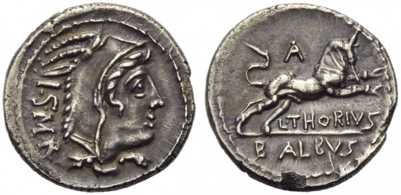 L. Thorius Balbus, Denarius, Rome, 105 BC; AR (g 3,92; mm 19; h 6); Head of Juno...