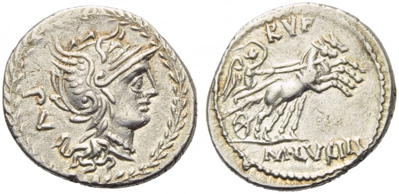 M. Lucilius Ruf., Denarius, Rome, 101 BC; AR (g 3,94; mm 21; h 1); Helmeted head...