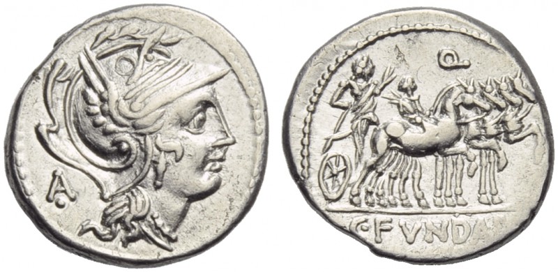 C. Fundanius, Denarius, Rome, 101 BC; AR (g 3,93; mm 18; h 6); Helmeted head of ...