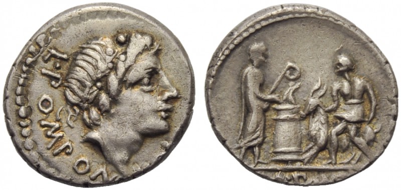 L. Pomponius Molo, Denarius, Rome, 97 BC ; AR (g 3,94; mm 19; h 12); Laureate he...