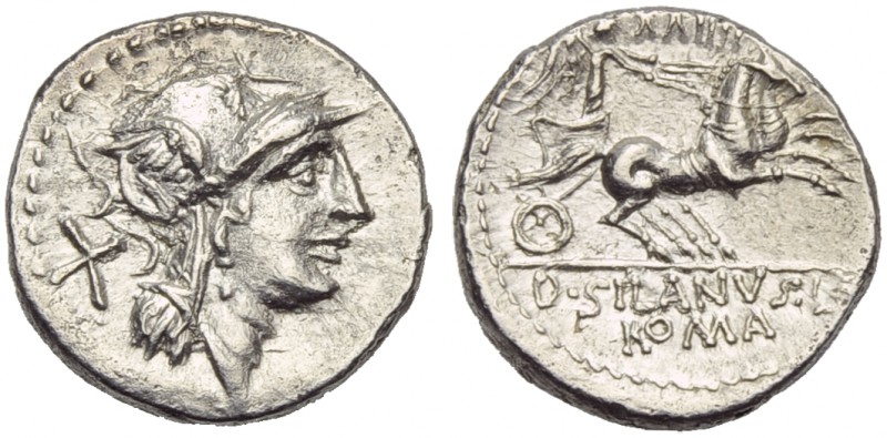 D. Junius Silanus L.f., Denarius, Rome, 91 BC; AR (g 3,93; mm 18; h 11); Helmete...