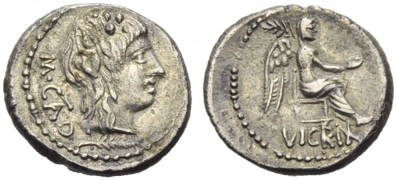 M. Porcius Cato, Quinarius, Rome, 89 BC; AR (g 1,98; mm 10; h 6); Head of Liber ...