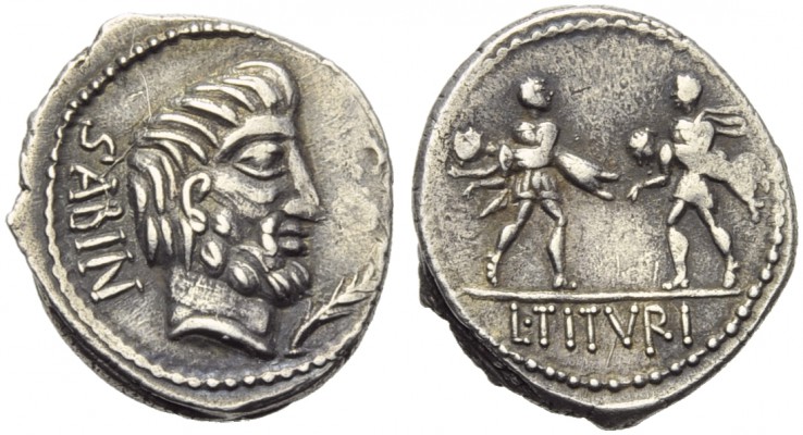 L. Titurius L.f. Sabinus, Denarius, Rome, 89 BC; AR (g 3,96; mm 20; h 7); Head o...