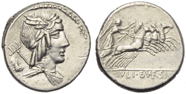 L. Julius Bursio, Denarius, Rome, 85 BC; AR (g 4,13; mm 18; h 6); Male head r. w...