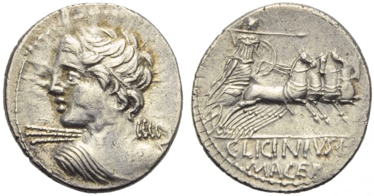 C. Licinius L.f. Macer, Denarius, Rome, 84 BC; AR (g 3,88; mm 21; h 6); Draped b...