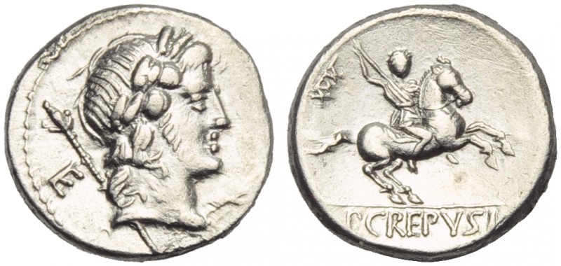P. Crepusius, Denarius, Rome, 82 BC; AR (g 3,78; mm 17; h 6); Laureate head of A...