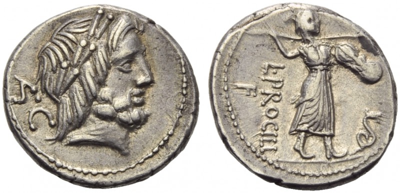 L. Procilius f., Denarius, Rome, 80 BC; AR (g 3,91; mm 19; h 4); Laureate head o...