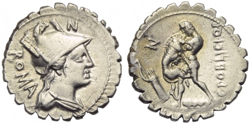 C. Poblicius Q.f., Denarius serratus, Rome, 80 BC; AR (g 3,73; mm 20; h 4); Helm...