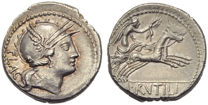 L. Rutilius Flaccus, Denarius, Rome, 77 BC; AR (g 4,14; mm 19; h 5); Helmeted he...