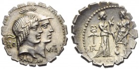 Q. Fufius Calenus and P. Mucius Cordus, Denarius serratus, Rome, 70 BC