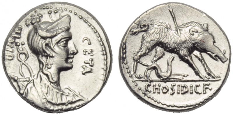 C. Hosidius C.f. Geta, Denarius, Rome, 68 BC; AR (g 3,95; mm 17; h 3); Draped bu...