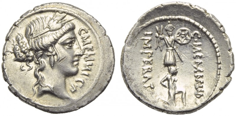 C. Memmius C.f., Denarius, Rome, 56 BC; AR (g 3,33; mm 19; h 12); Head of Ceres ...