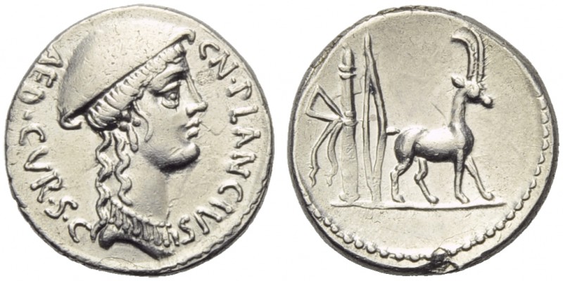Cn. Plancius, Denarius, Rome, 55 BC; AR (g 3,13; mm 17; h 18) ; Female head r., ...