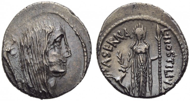 L. Hostilius Saserna, Denarius, Rome, 48 BC; AR (3,81; mm 20; h 1); Female head ...