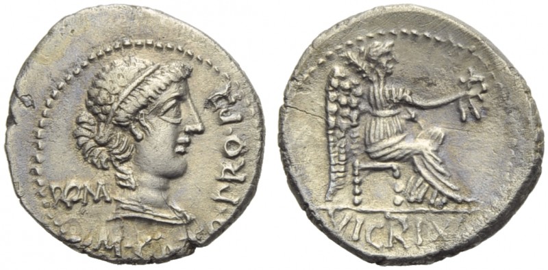 M. Porcius Cato, Denarius, Africa, 47-46 BC; AR (g 3,58; mm 19; h 10); Draped an...