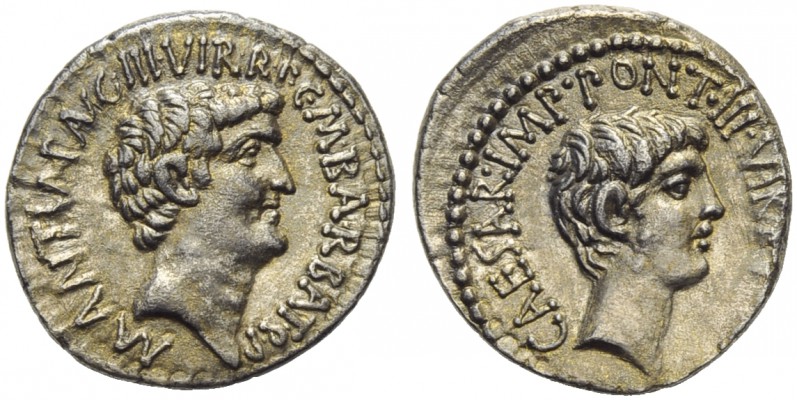 M. Antonius and Octavianus with M. Barbatius, Denarius, Mint moving with Antoniu...