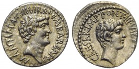 M. Antonius and Octavianus with M. Barbatius, Denarius, Mint moving with Antonius, 41 BC