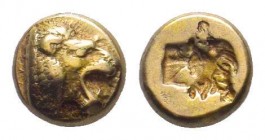 LESBOS.Mytilene. Circa 521-478 BC. EL Hekte. Head of roaring lion right / Incuse head of cow right. Bodenstedt Em. 13 ; SNG Copenhagen 301; BMC 18; SN...