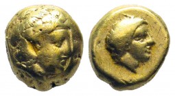 LESBOS. Mytilene. Circa 377-326 BC.EL Hekte . Laureate head of Apollo to right; behind, small serpent / Head of Artemis to right, her hair in sphendon...
